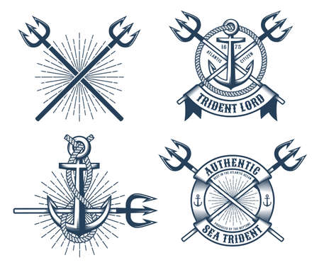 Vintage hipster navy tattoo logos with tridents ribbons and anchorsのイラスト素材