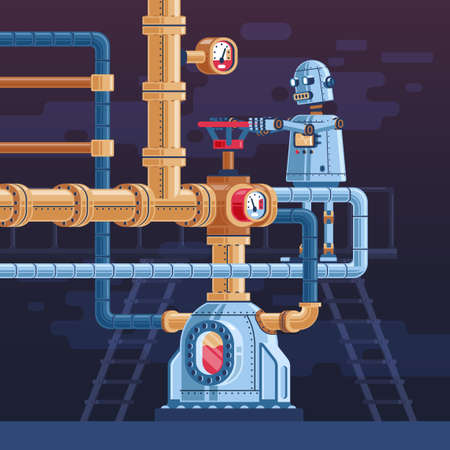 The robot turns the valve on the pipeline. Steampunk vector illustration.のイラスト素材