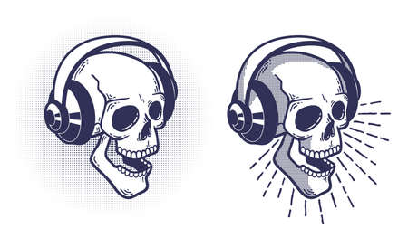 Skull in headphones. Retro stamp style. Pseudo 3d Vector layered illustration.のイラスト素材