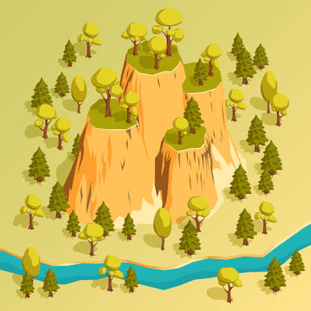A cliff with ledges in a forest surrounded by trees and river. Isometric 3d vector illustration.のイラスト素材