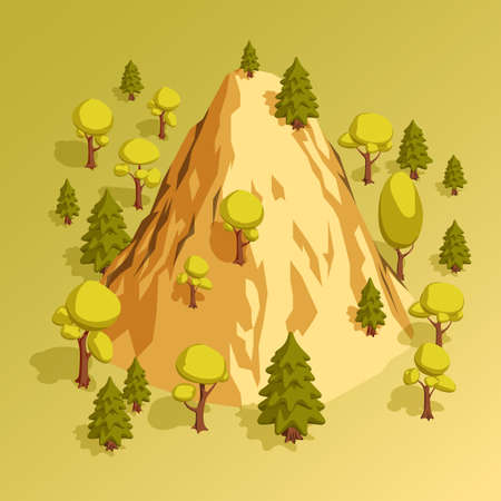 Isometric mountain hill surrounded by various trees in the forest. Vector illustration.のイラスト素材