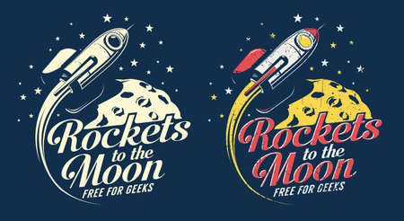 Space rocket flying around the planet with craters - retro emblem poster. Grunge worn textures on separate layer.のイラスト素材