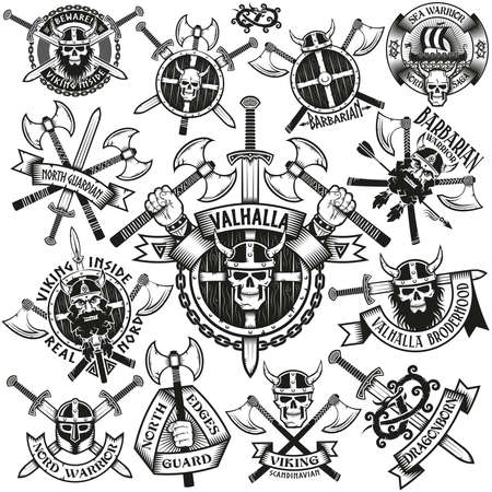 Viking Skull tattoo set. Unique Viking badgesの写真素材