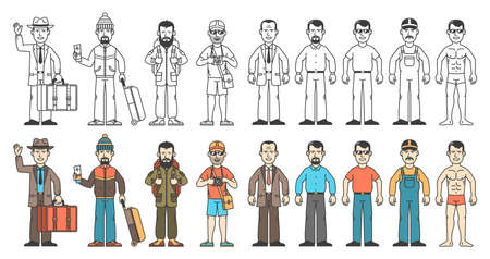 A set of men in different clothes. Travelers, businessmen, workers, ordinary people. Color and monochrome version.の写真素材