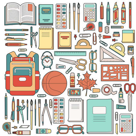 Big set of school stationery with student backpack.の写真素材