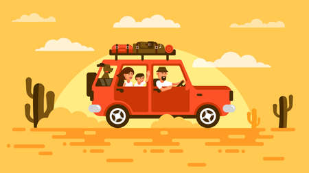 Family travels by car with a dog.のイラスト素材