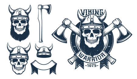Viking skull emblem with crossed axesのイラスト素材