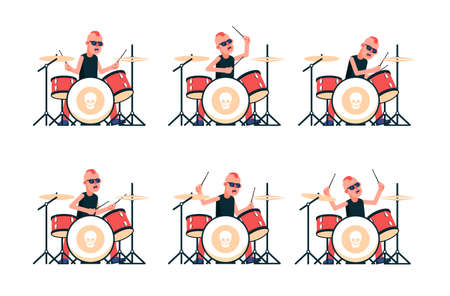 Punk rock band drummer playing drums. Vector character in various poses.のイラスト素材