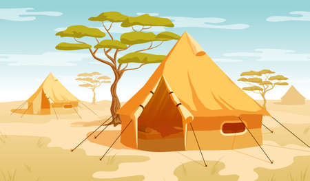 Safari tent in the desert savannah. Vector illustration.のイラスト素材