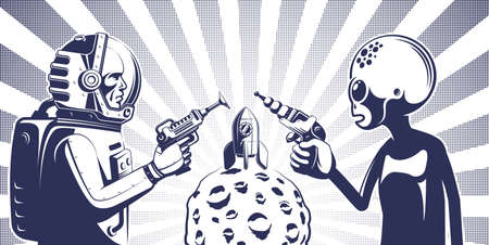 Alien with phaser against an astronaut in spacesuit with laser gun