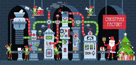 Christmas factory conveyor with working elves. Santa workshop machine production New Year's gifts. Fantastic industry Xmas vector illustration.のイラスト素材