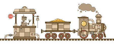 Steampunk retro train with a gold wagon, station and robot. Vector illustration.のイラスト素材