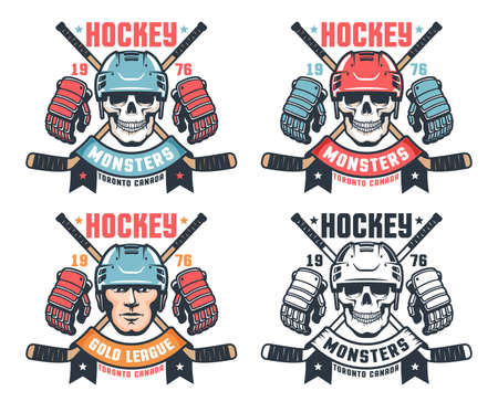 Hockey skull vintage logo with crossed sticks and ribbonのイラスト素材