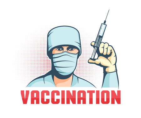Doctor in mask with syringe in hand - retro vaccination poster. Vector illustration.のイラスト素材