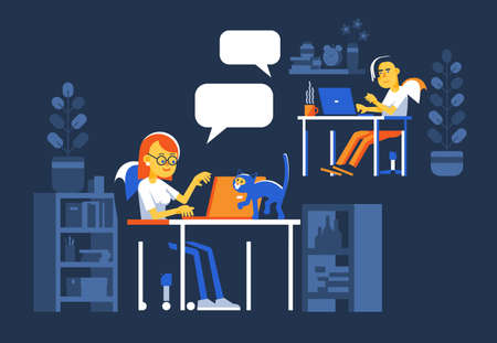 People chatting online at nightのイラスト素材