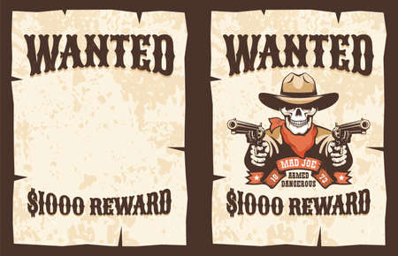 Wanted vintage poster - skull cowboy with gunsのイラスト素材