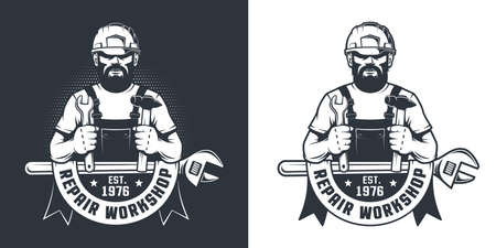 Handyman in hard hat with hammer and wrenchのイラスト素材
