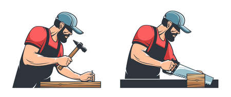 Carpenter with hand saw and wood planeのイラスト素材