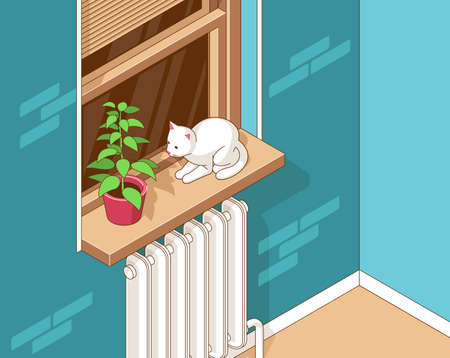 Cat is sitting on windowsill by window next to a house plantのイラスト素材