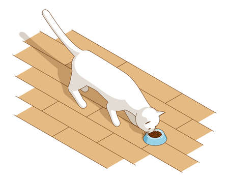 White kitten eats cat food from a bowlのイラスト素材
