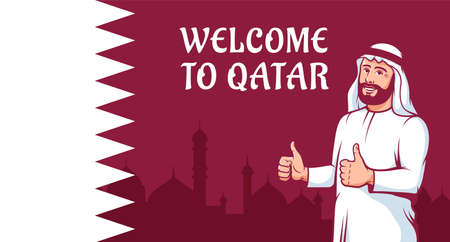 Positive Arab man thumbs up on Qatar flag backgroundのイラスト素材