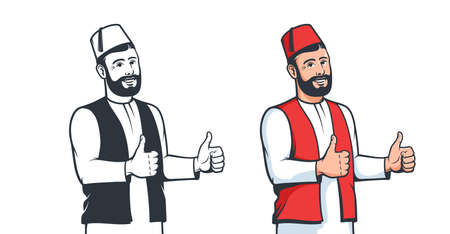 Turkish man in fez smiling affably. Positive Turk thumb up gesture.のイラスト素材