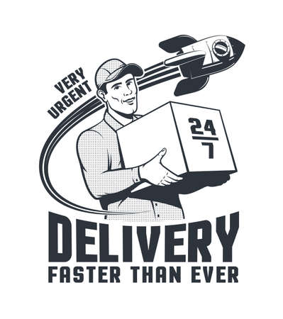Delivery man courier retro with rocketのイラスト素材