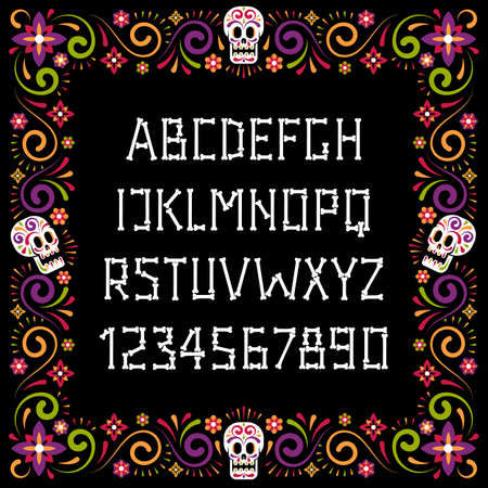 Dia de muertos bone font and festive flower frameのイラスト素材
