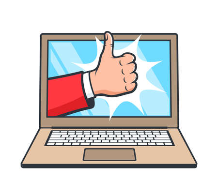 Like sign male hand on computer display. Thumb up on laptop screenのイラスト素材