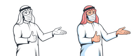 Muslim arabian man in medical mask with welcomes gestureのイラスト素材