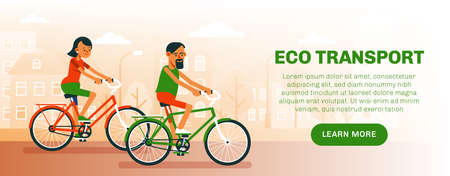 Eco transport flyer. Man and woman ride bicyclesのイラスト素材