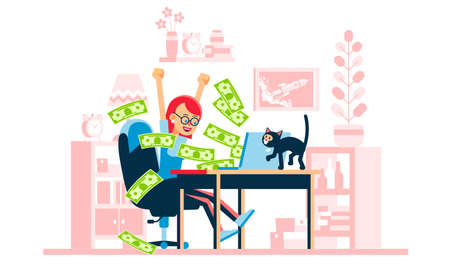 Happy woman - winning online. Money flow from laptopのイラスト素材