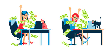 Online money winning woman. Money flow from laptopのイラスト素材