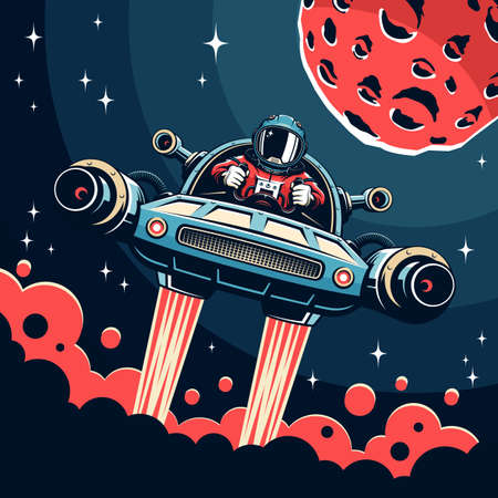 Vintage space poster with astronaut pilot of personal spaceshipのイラスト素材