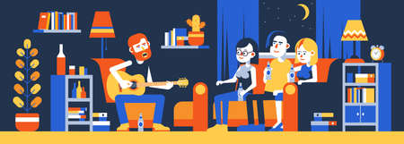 Guy playing guitar at home. Young people at home concertのイラスト素材