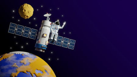 Astronaut flies on satellite space station around the earthの写真素材