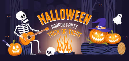 Halloween party horizontal banner with skeleton and funny pumpkinsのイラスト素材