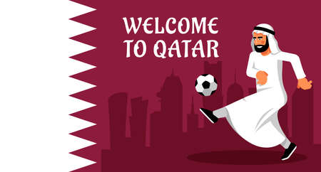 Arab man with soccer ball on Qatar flag backgroundのイラスト素材