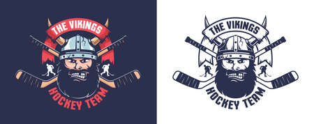Hockey logo with bearded angry Viking head and crossed sticksのイラスト素材