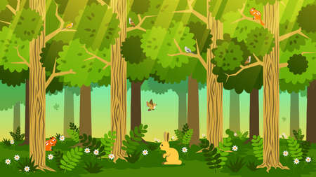 Forest cartoon landscape with trees, grass, animals and birdsのイラスト素材