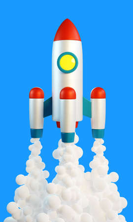 Rocket with exhaust smoke on blue backgroundの写真素材