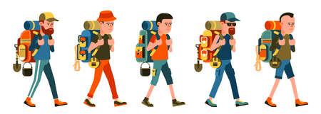 Cartoon hiker with backpack setのイラスト素材