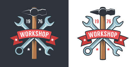 Workshop retro badge with wrench, hammer and ribbonのイラスト素材