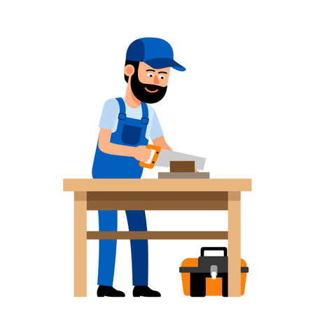 Carpenter sawing wood with a hand sawのイラスト素材