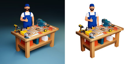 3d Worker at a workbench with working toolsの写真素材