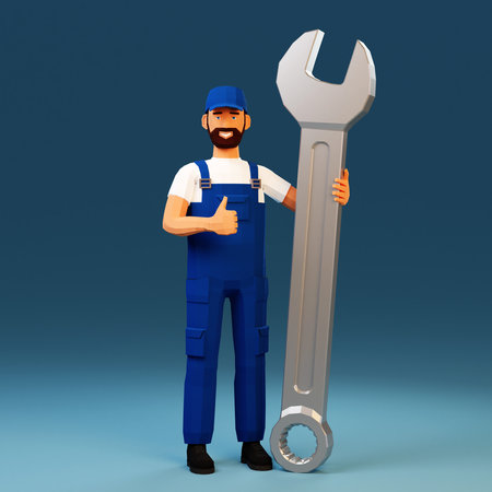 3d workman with big spanner showing thumbs upの写真素材