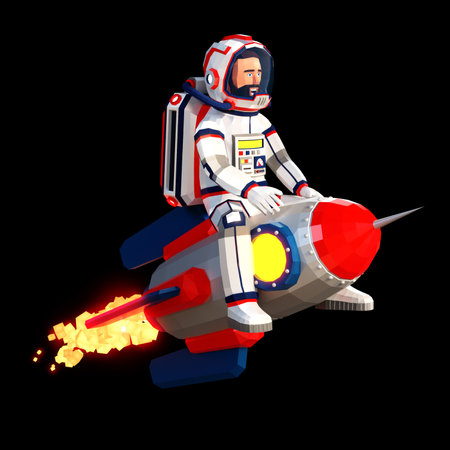 3D astronaut in a spacesuit flying, sitting atop a rocket like a cowboy