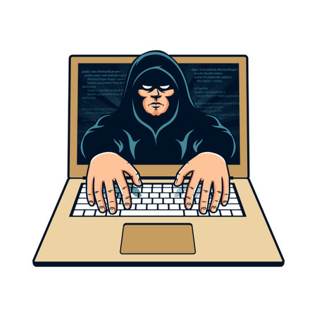 Hooded hacker gains remote access to laptopのイラスト素材