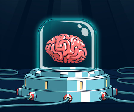 Brain in a futuristic containment chamber with technological elements and glowing detailsのイラスト素材