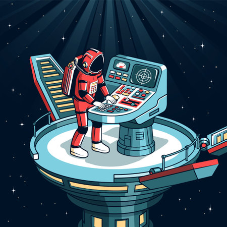 Astronaut operating control panel on a futuristic spacecraft in deep space at nightのイラスト素材